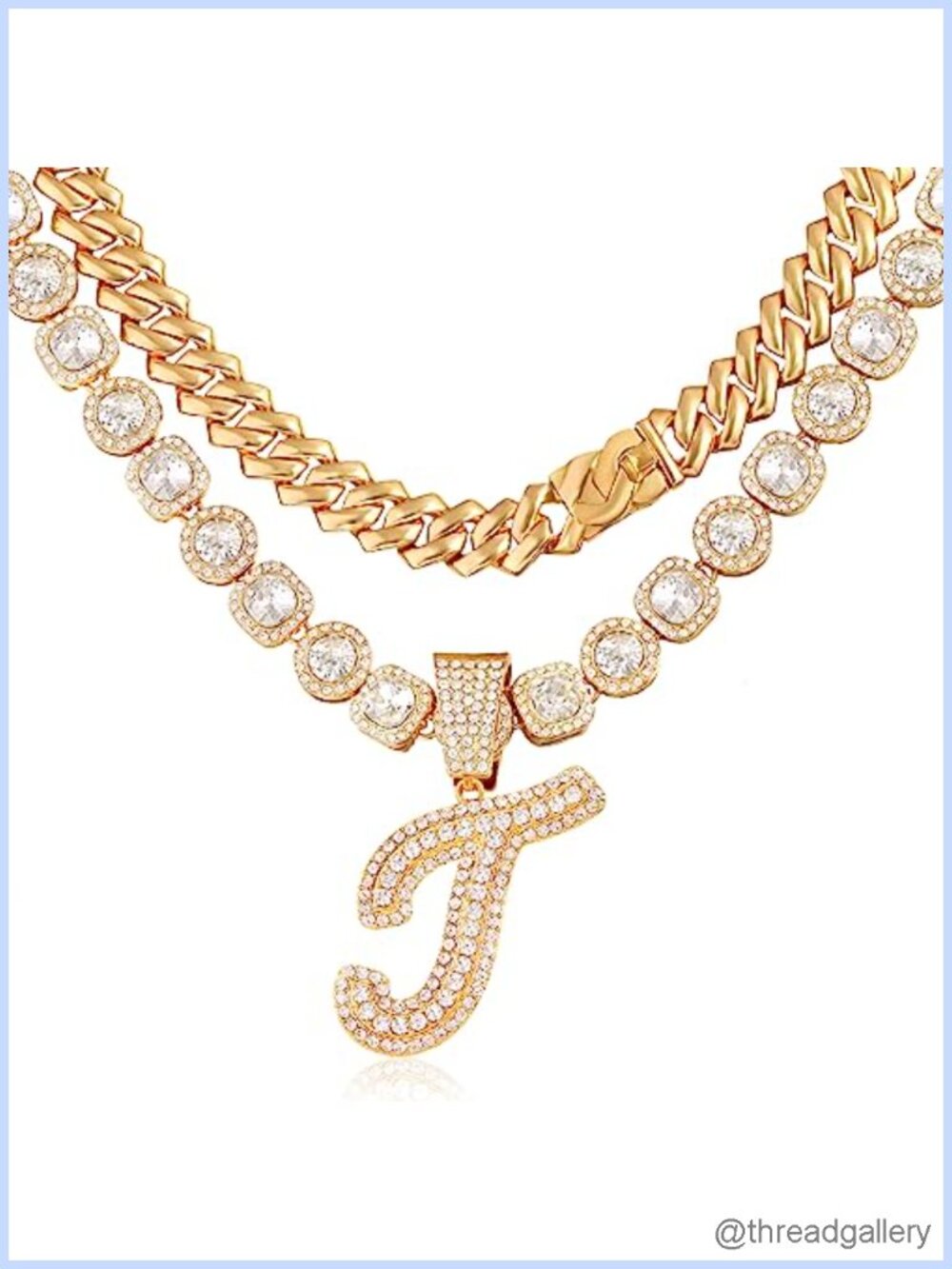 Cuban Link Chain Necklace Set Initial Pendant 16" 18" Rhinestone Women Jewelry